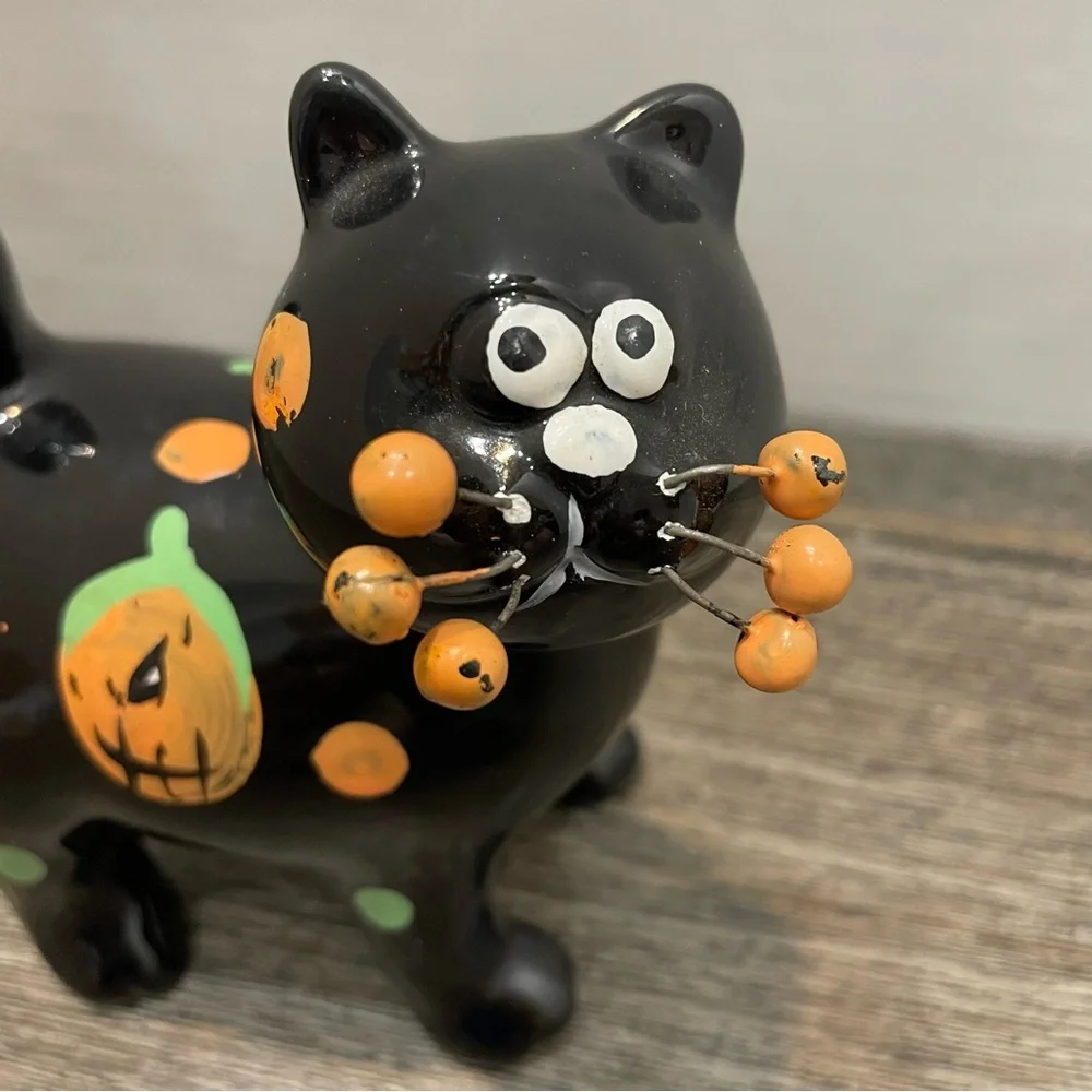 Halloween Black Cat Figurine. Whiskers wire ceramic. Whimsical. Pre-owned